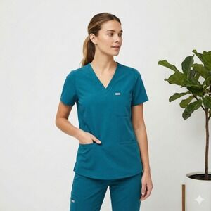 Figs Casma Three-Pocket Scrub Top Womens XXS Caribbean Blue Teal Medical Dental